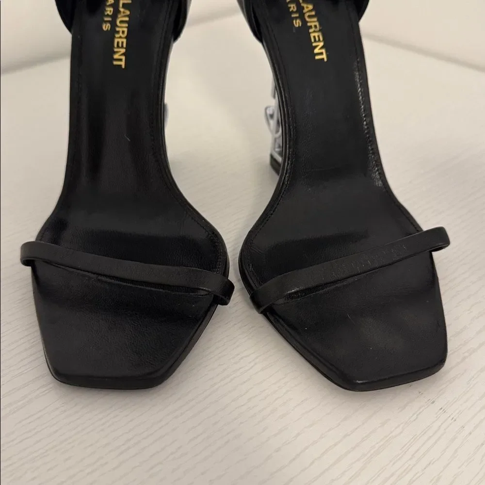 Saint Laurent Opyum YSL Logo Black Leather Silver High Heel Sandal EU 38 US 8 - Picture 3 of 10